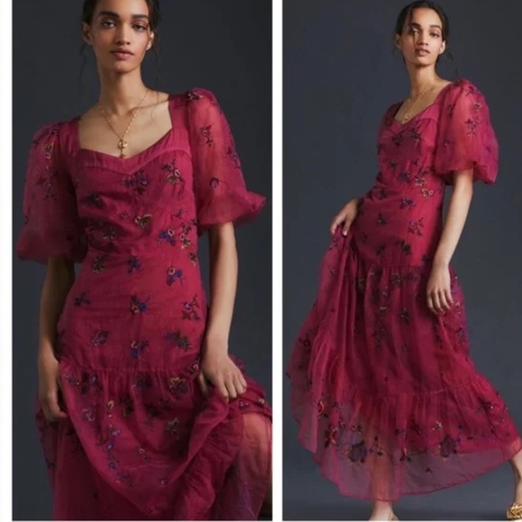 New Anthropologie Let Me Be Embroidered Maxi Dress Red Size Small - Picture 5 of 7